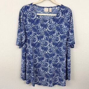 Chico's Womens Top Shirt Size L Floral Stretch Casual Short Sleeve Blue